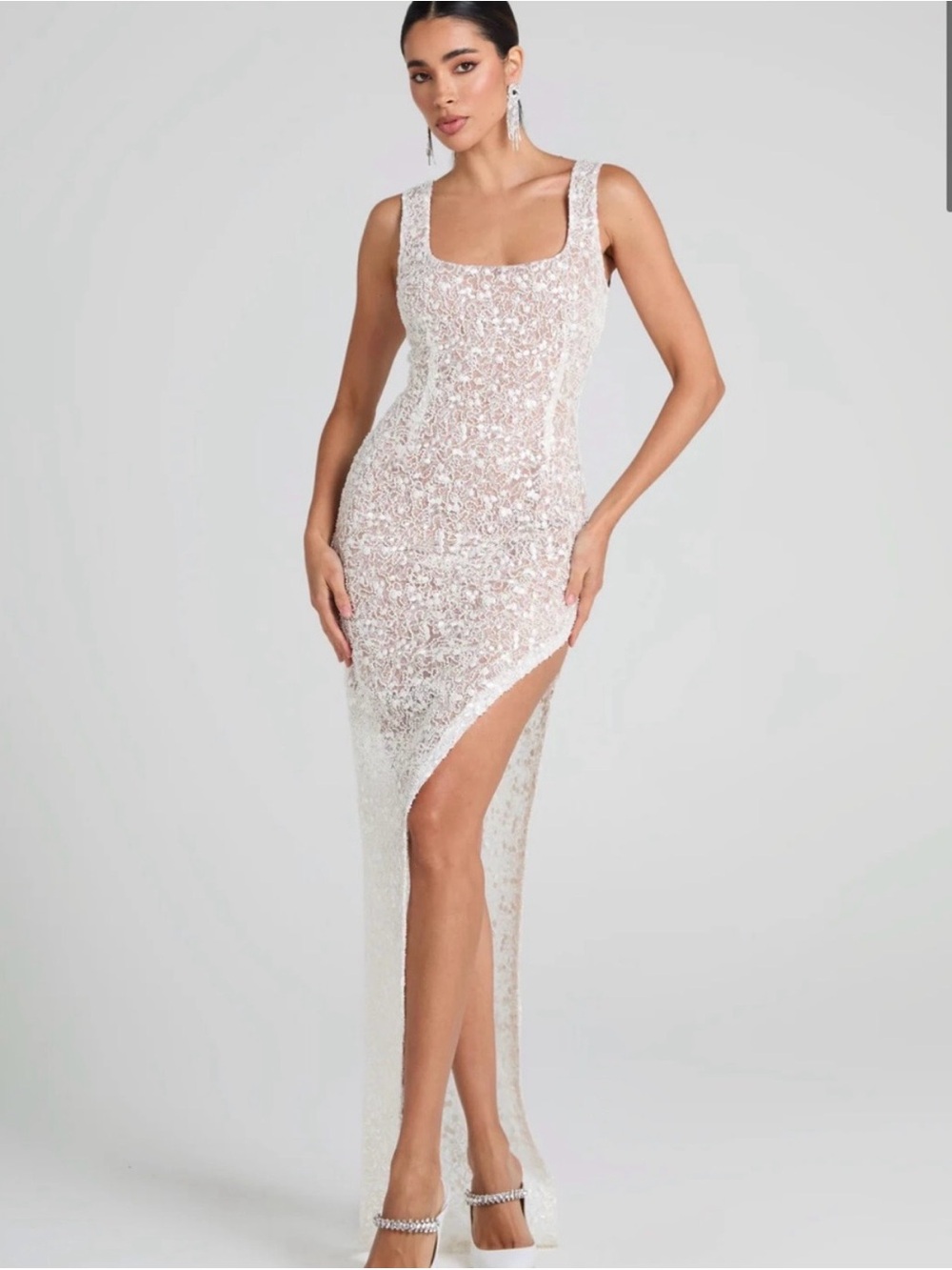 NADINE MERABI White Sequin High-Slit Dress